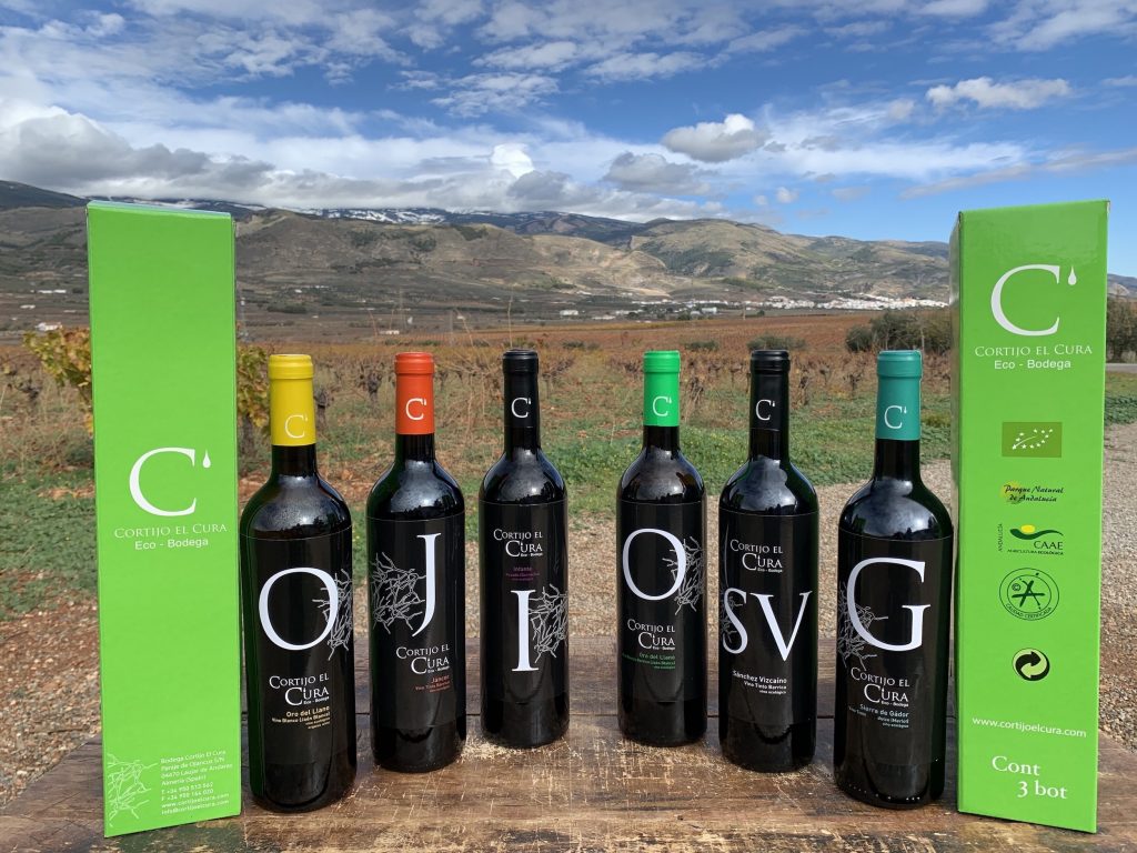 Botellas de vino ecológico Cortijo El Cura con viñedos y Sierra Nevada de fondo