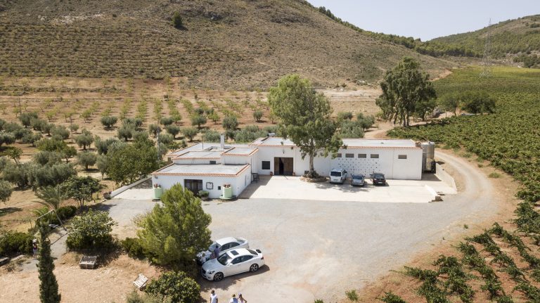 Vista aérea de la finca ecológica y bodega Cortijo El Cura rodeada de viñedos, almendros y olivos en La Alpujarra de Almería
