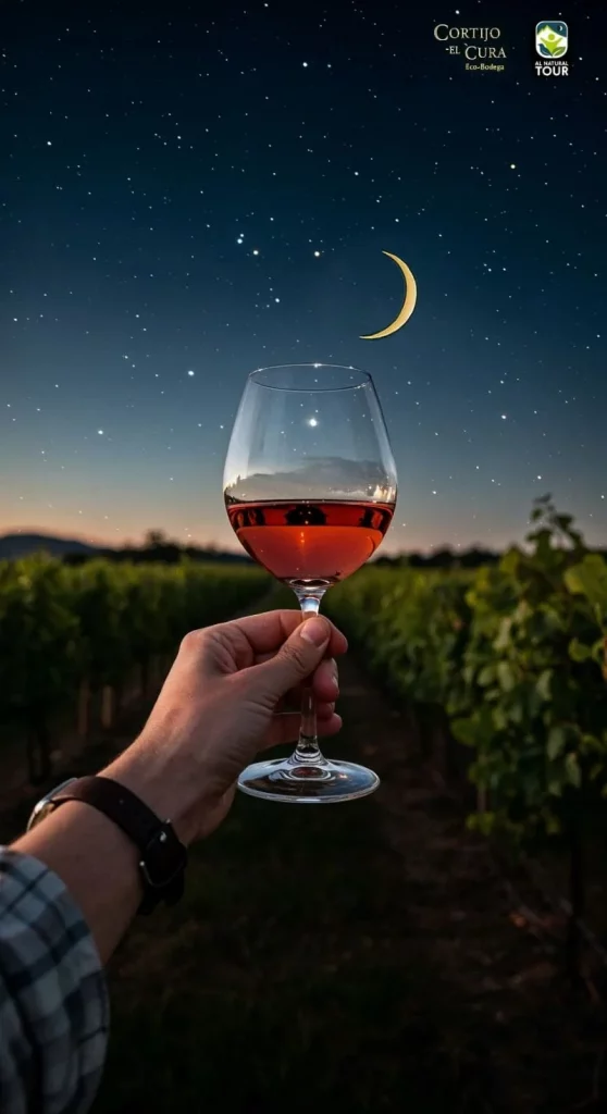 Copa de vino ecológico brindando a la luna en un atardecer entre viñedos en la bodega Cortijo El Cura, Alpujarra