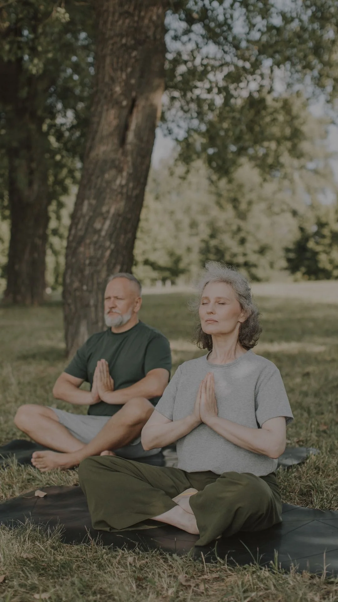 Hombre y mujer practicando yoga sentados al aire libre entre árboles en la bodega ecológica Cortijo El Cura.