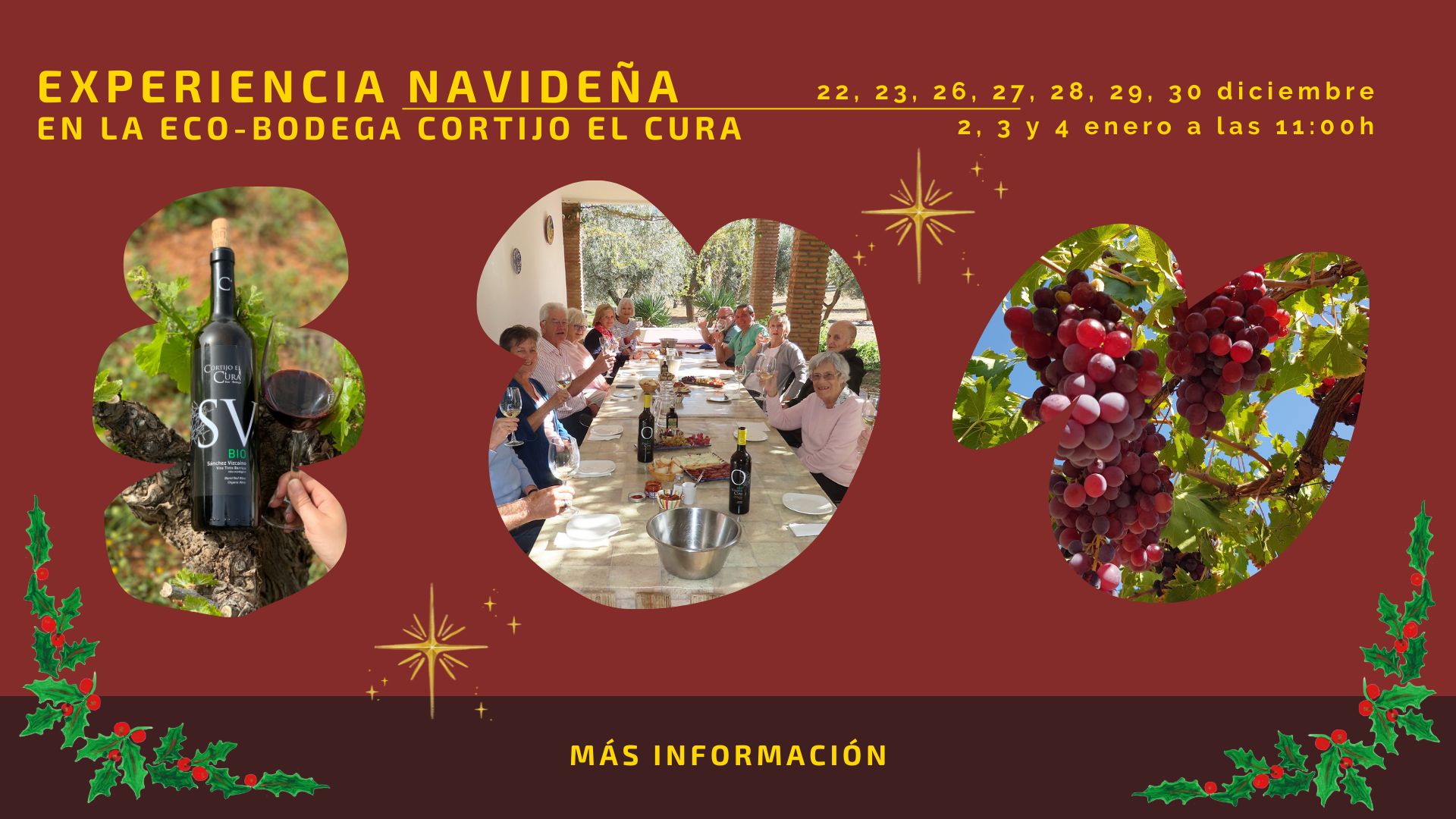 Banner de la experiencia de Navidad en la Eco-Bodega Cortijo El Cura, con cata de vinos ecológicos, productos locales y actividades navideñas en Laujar de Andarax, Almería