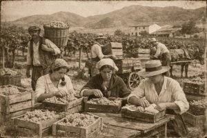 Trabajadores recolectando y seleccionando uvas en un parral tradicional de Almería a principios del siglo XX
